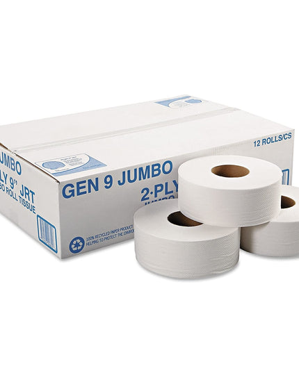 General Supply Jumbo Roll Bath Tissue 2‑Ply White, 9″ Diameter, 12/Case
